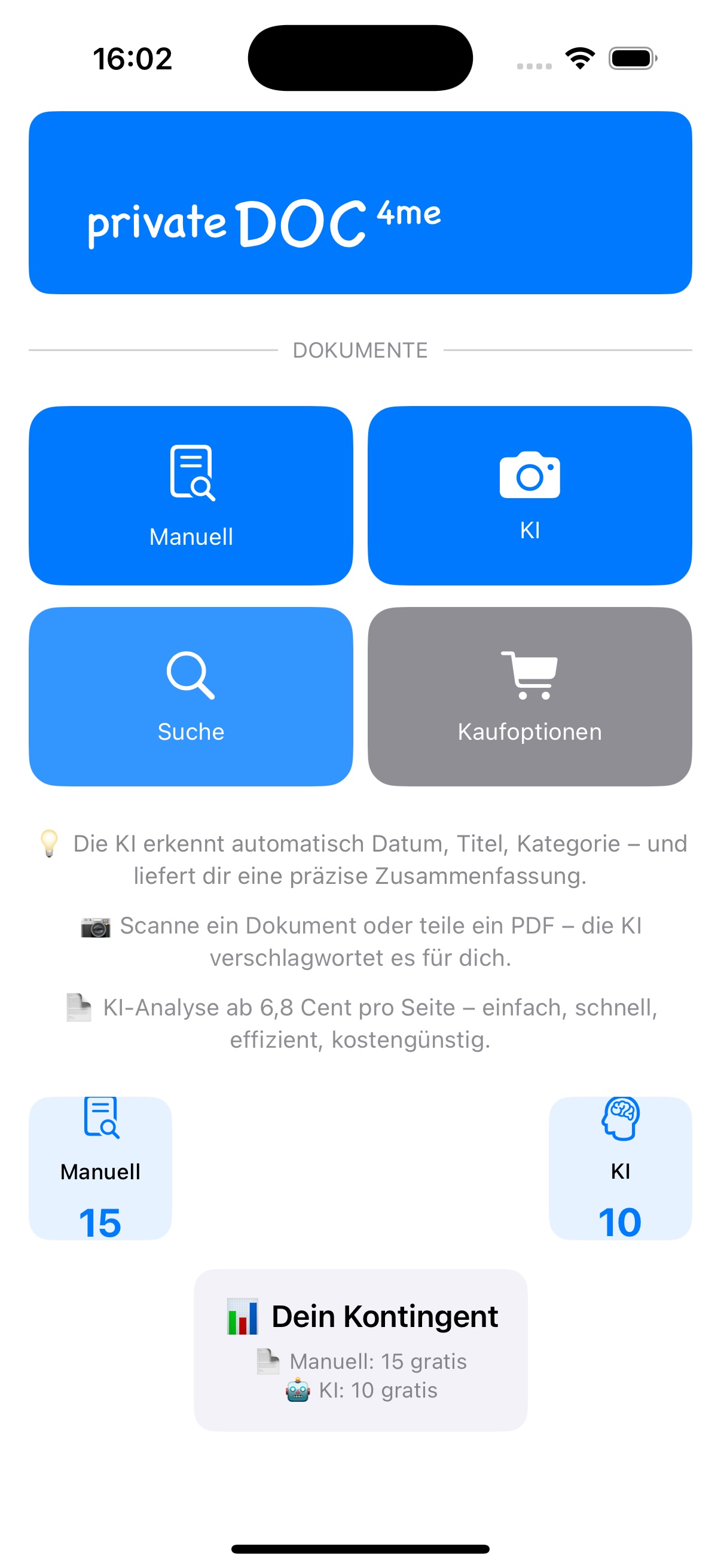 PrivateDoc4me iPhone App Hauptmenü - Dokumentenverwaltung